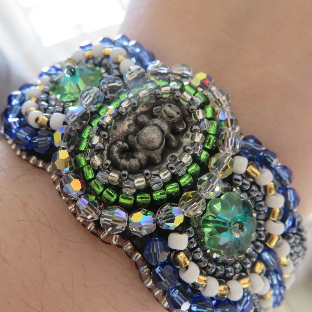 Beaded Cuff Bracelet with Pewter Sea Monkey and Faceted Swarovski Crystals